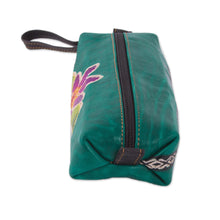 Load image into Gallery viewer, Green Leather Makeup Case with Hand Painted Flower - Cusco Flower | NOVICA
