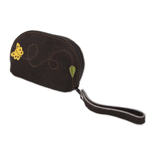 Load image into Gallery viewer, Black Suede Leather Coin Purse, Yellow Butterfly Appliqué - Butterfly Flight | NOVICA
