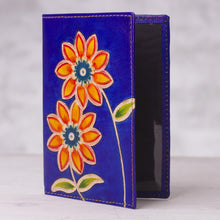 Load image into Gallery viewer, Blue Leather Passport Cover with Hand Painted Flowers - Lovely Traveler in Blue | NOVICA
