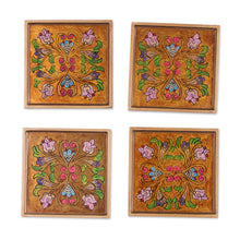 Load image into Gallery viewer, Reverse Painted Glass Floral Coasters from Peru (Set of 4) - Floral Gold | NOVICA
