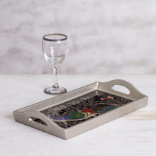 Load image into Gallery viewer, Reverse-Painted Glass Peacock Tray in Silver (12 in.) - Peacock Charm in Silver | NOVICA

