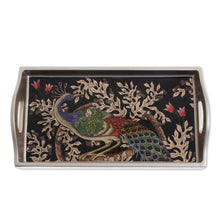 Load image into Gallery viewer, Reverse-Painted Glass Peacock Tray in Silver (12 in.) - Peacock Charm in Silver | NOVICA
