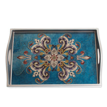 Load image into Gallery viewer, Floral Reverse-Painted Glass Tray in Blue from Peru - Enchanting Flowers in Blue | NOVICA
