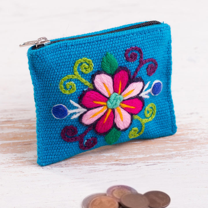 Embroidered Floral Turquoise Coin Purse - Floral Keeper in Turquoise | NOVICA