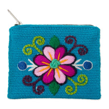 Load image into Gallery viewer, Embroidered Floral Turquoise Coin Purse - Floral Keeper in Turquoise | NOVICA
