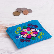 Load image into Gallery viewer, Embroidered Floral Turquoise Coin Purse - Floral Keeper in Turquoise | NOVICA
