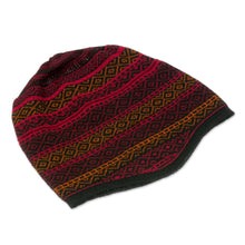 Load image into Gallery viewer, Red and Multicolored Alpaca Blend Knit Hat from Peru - Diamond Warmth | NOVICA
