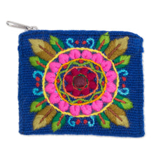 Load image into Gallery viewer, Floral Embroidered Alpaca Blend Coin Purse in Blue - Fantastic Mandala | NOVICA
