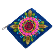Load image into Gallery viewer, Floral Embroidered Alpaca Blend Coin Purse in Blue - Fantastic Mandala | NOVICA
