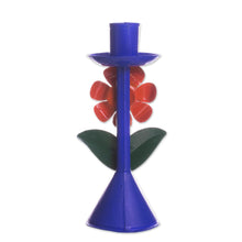 Load image into Gallery viewer, Floral Recycled Metal Candle Holder in Blue from Peru - Highland Flower in Blue | NOVICA
