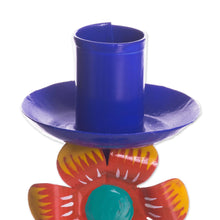 Load image into Gallery viewer, Floral Recycled Metal Candle Holder in Blue from Peru - Highland Flower in Blue | NOVICA
