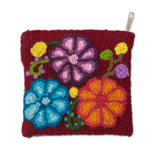 Load image into Gallery viewer, Floral Embroidered Wool Coin Purse in Cherry from Peru - Cherry Garden | NOVICA
