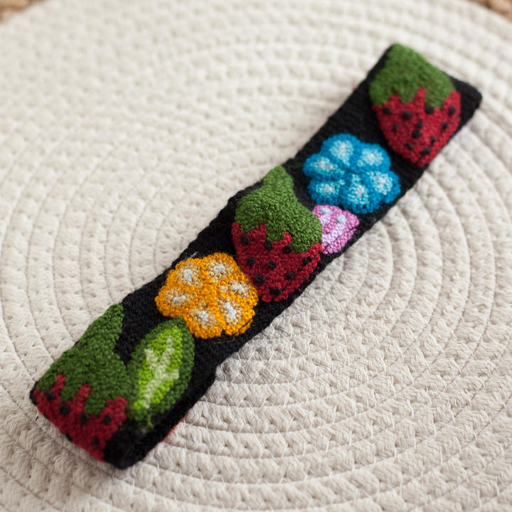 Floral and Strawberry Pattern Wool Headband from Peru - Flowers and Strawberries | NOVICA