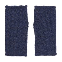 Load image into Gallery viewer, Patterned 100% Baby Alpaca Fingerless Mitts from Peru - Passionate Pattern in Indigo | NOVICA
