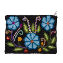 Load image into Gallery viewer, Blue Floral Embroidered Wool Clutch from Peru - Floral Nature | NOVICA
