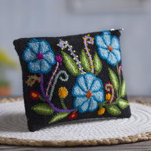Load image into Gallery viewer, Blue Floral Embroidered Wool Clutch from Peru - Floral Nature | NOVICA
