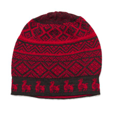 Load image into Gallery viewer, Black and Crimson Red Diamond Motif Alpaca Blend Knit Hat - Alpaca Parade in Red | NOVICA

