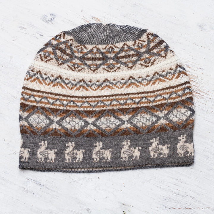 Off-White Brown and Grey Diamond Motif Alpaca Blend Knit Hat 'Alpaca Mountain' | NOVICA