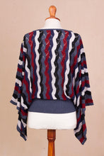 Load image into Gallery viewer, Cranberry and Blue Wavy Vertical Stripe Alpaca Blend Sweater - Make Waves | NOVICA
