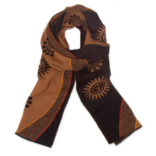 Load image into Gallery viewer, Reversible Sepia and Black Sun Motif Alpaca Blend Scarf - Sepia and Black Cosmovision | NOVICA
