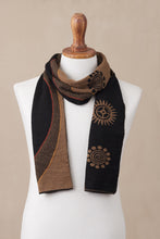 Load image into Gallery viewer, Reversible Sepia and Black Sun Motif Alpaca Blend Scarf - Sepia and Black Cosmovision | NOVICA
