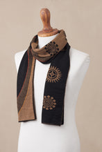 Load image into Gallery viewer, Reversible Sepia and Black Sun Motif Alpaca Blend Scarf - Sepia and Black Cosmovision | NOVICA
