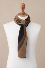 Load image into Gallery viewer, Reversible Sepia and Black Sun Motif Alpaca Blend Scarf - Sepia and Black Cosmovision | NOVICA
