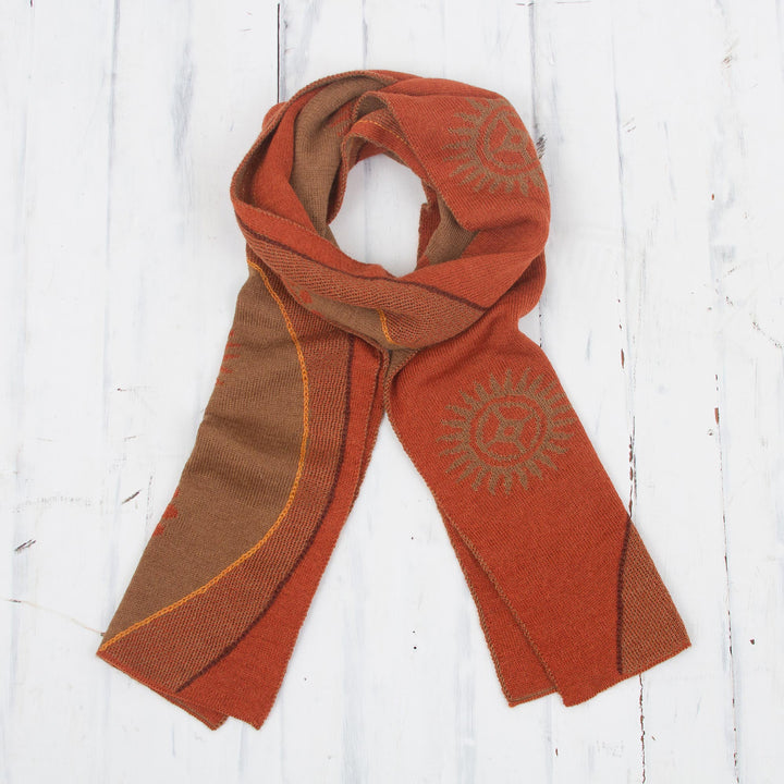 Sun Motif Sepia and Pumpkin Alpaca Blend Scarf from Peru - Pumpkin and Sepia Cosmovision | NOVICA