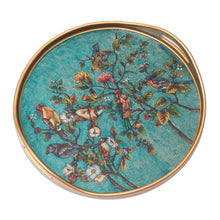 Load image into Gallery viewer, Floral Reverse-Painted Glass Tray in Turquoise from Peru - Birds of Spring | NOVICA
