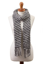 Load image into Gallery viewer, Black and White Alpaca Blend Hand Crocheted Scarf from Peru - Hint of Houndstooth | NOVICA
