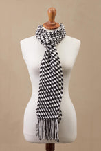 Load image into Gallery viewer, Black and White Alpaca Blend Hand Crocheted Scarf from Peru - Hint of Houndstooth | NOVICA
