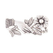 Load image into Gallery viewer, Peruvian Silver Brooch of a Hand Clutching a Flower - Natural Universe | NOVICA
