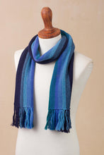 Load image into Gallery viewer, Multicolor Blue and Teal Striped 100% Alpaca Knit Scarf - Evening Sky Stripes | NOVICA
