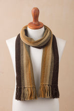 Load image into Gallery viewer, Shades of Brown and Sage Green 100% Alpaca Knit Scarf - Cliffside Stripes | NOVICA
