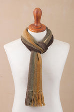 Load image into Gallery viewer, Shades of Brown and Sage Green 100% Alpaca Knit Scarf - Cliffside Stripes | NOVICA
