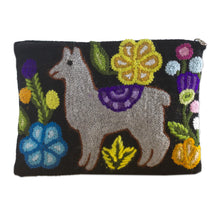 Load image into Gallery viewer, Llama Motif Black Wool Cosmetic Bag from Peru - Llama Glam in Grey | NOVICA
