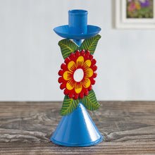 Load image into Gallery viewer, Sky Blue Recycled Metal Candlestick with Flower - Andean Flora in Sky Blue | NOVICA
