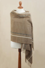 Load image into Gallery viewer, Handwoven Patterned Sepia Brown Baby Alpaca Shawl - Sepia Windowpanes | NOVICA

