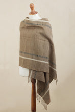 Load image into Gallery viewer, Handwoven Patterned Sepia Brown Baby Alpaca Shawl - Sepia Windowpanes | NOVICA
