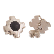 Load image into Gallery viewer, Silver and Obsidian Inca Chakana Stud Earrings - Inca Constellation | NOVICA
