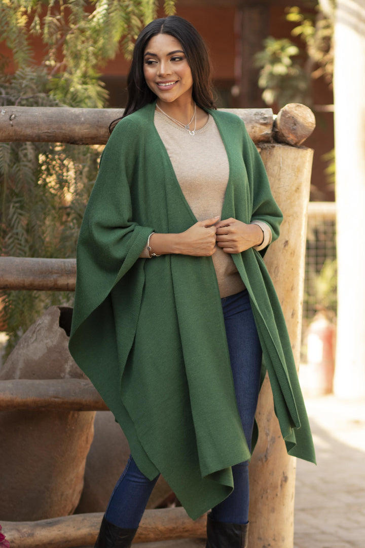 Knit Alpaca Blend Ruana in Green from Peru - Cedar Falls | NOVICA