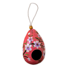 Load image into Gallery viewer, Hand Painted Crackled Red Dried Gourd Birdhouse from Peru - Spring Rose Condo | NOVICA
