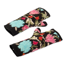 Load image into Gallery viewer, Baby Alpaca Fingerless Mitts with Floral Motifs - Ebony Baroque | NOVICA

