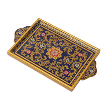 Load image into Gallery viewer, Reverse Painted Glass Serveware Tray from Peru - Royal Blue Garden | NOVICA
