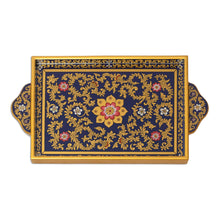 Load image into Gallery viewer, Reverse Painted Glass Serveware Tray from Peru - Royal Blue Garden | NOVICA
