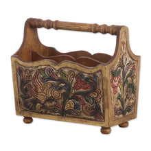 Load image into Gallery viewer, Hand Tooled Leather and Mohena Wood Magazine Rack - Songbirds | NOVICA
