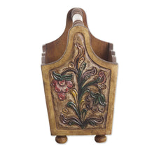 Load image into Gallery viewer, Hand Tooled Leather and Mohena Wood Magazine Rack - Songbirds | NOVICA

