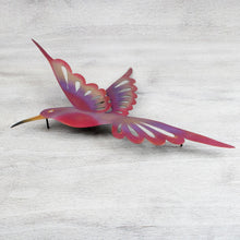 Load image into Gallery viewer, Bird-Themed Steel Wall Sculpture in Pink from Mexico (Large) - Violet Hummingbird | NOVICA
