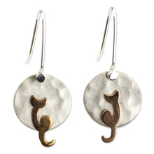 Load image into Gallery viewer, Handmade Silver and Copper Cat Earrings from Taxco - Cat in the Moonlight | NOVICA
