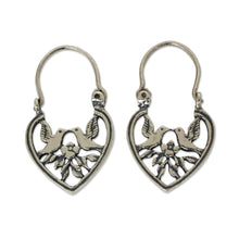 Load image into Gallery viewer, Heart Shaped Silver Hoop Earrings with Birds and Flowers - Love on the Wing | NOVICA
